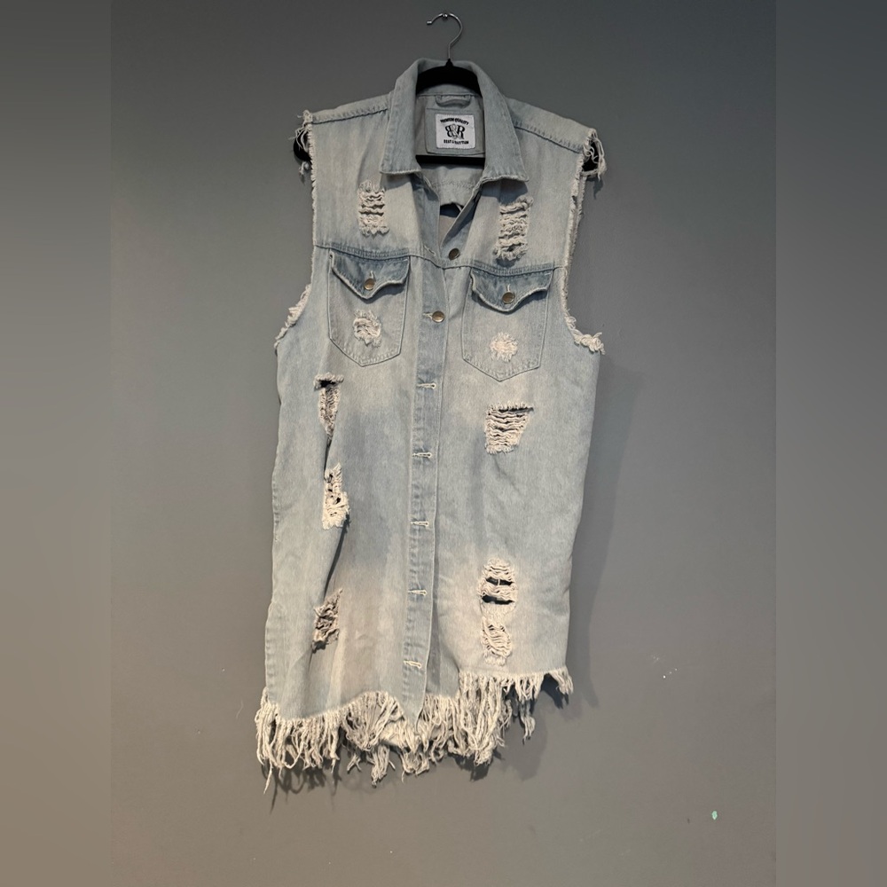 Light Blue Distressed Sleeveless Denim Long Vest with Fringe - Picture 2 of 8